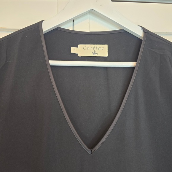 COTELAC Black V Neck Midi Sheath Dress Women's Sz Small Minimalist Career Pocket - Picture 3 of 14